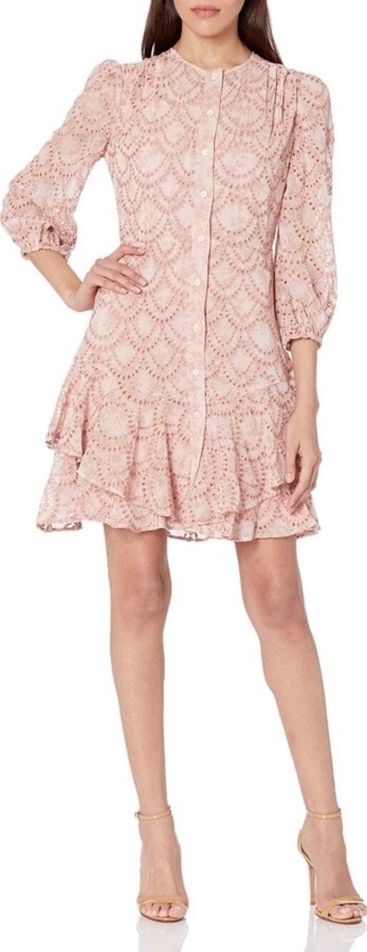 Shoshanna Alzira Blush Pink Eyelet Chiffon Button Front Layered Mini Dress Sz 4